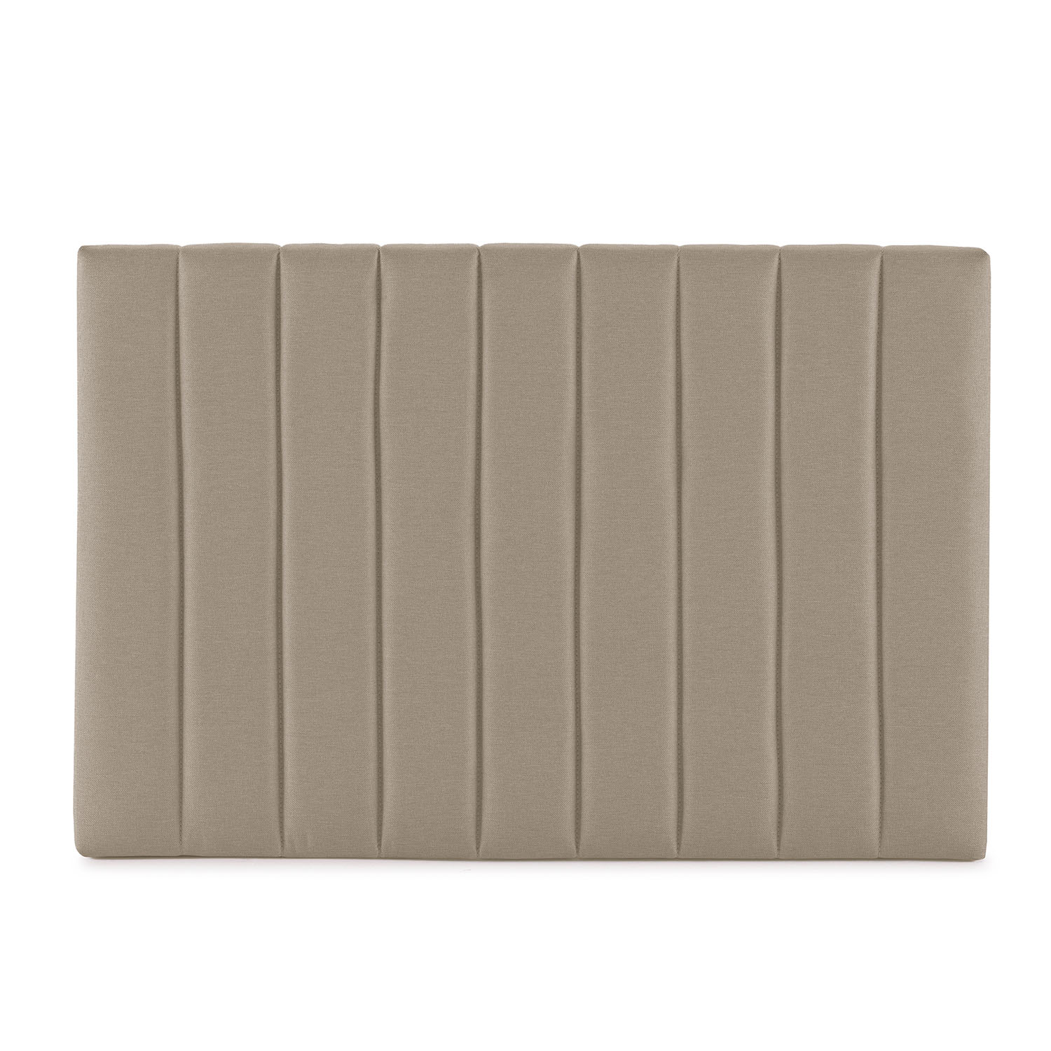 Un cabecero tapizado beige con capitoné vertical sobre fondo blanco.