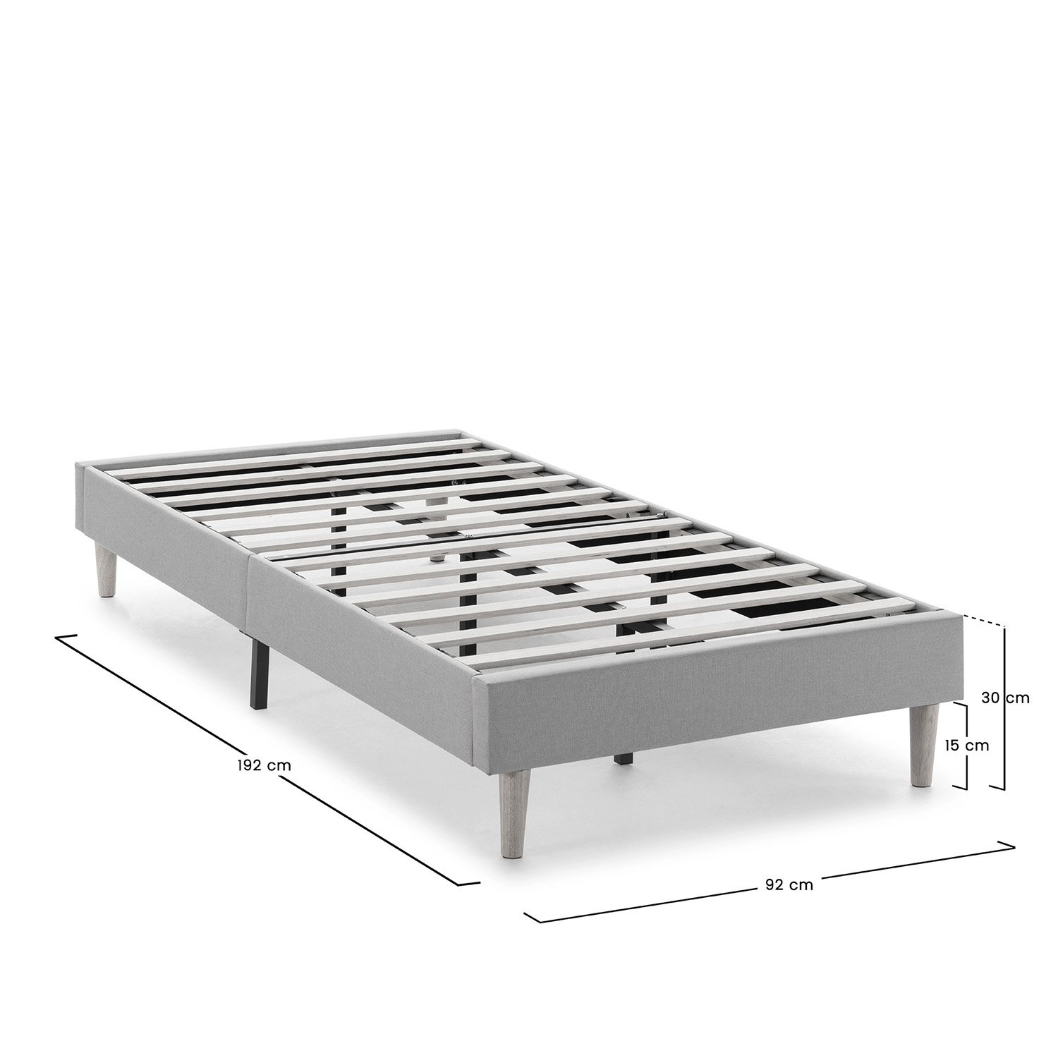 Estructura de cama gris con listones de madera y cuatro patas de madera.
