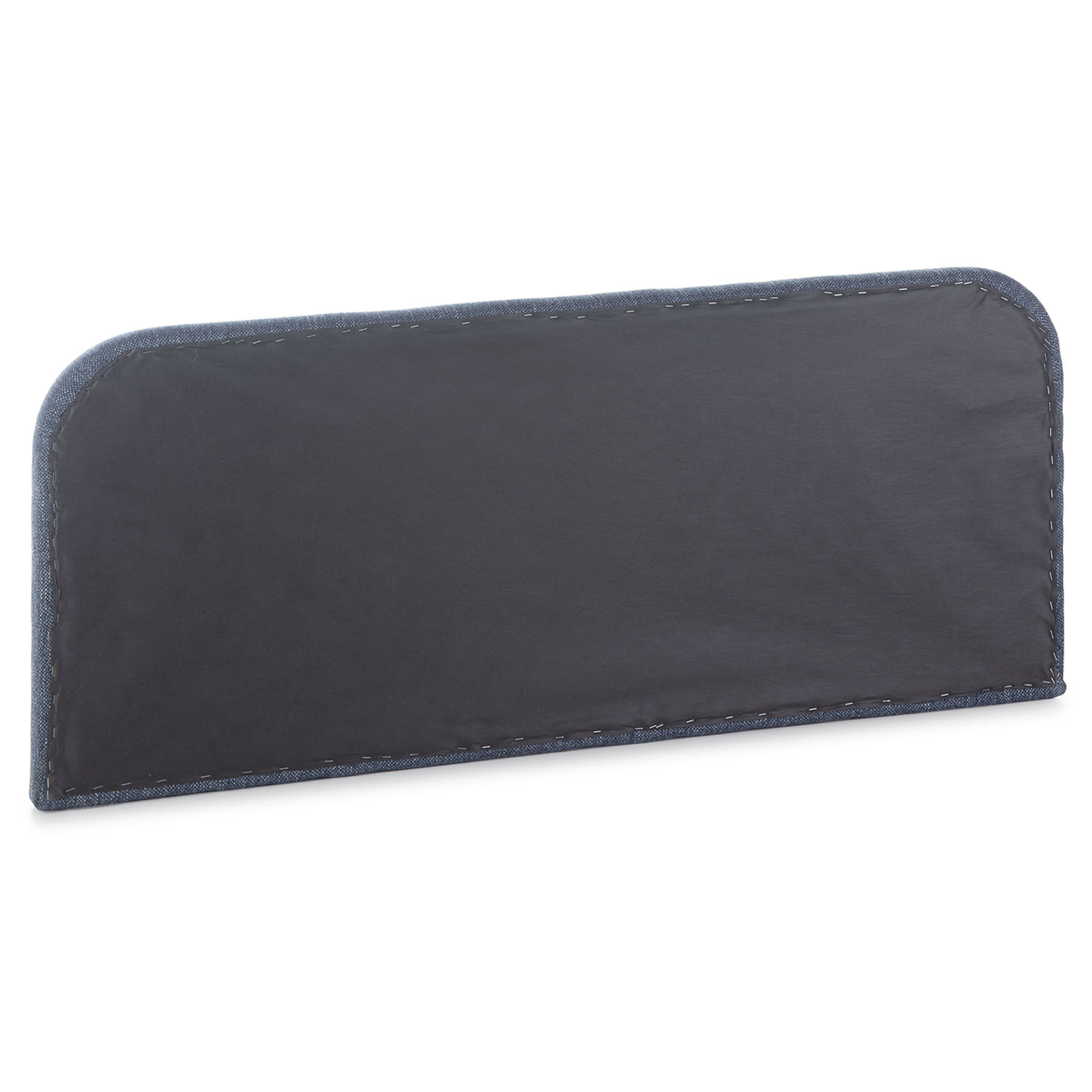 Parte trasera de un artículo tapizado rectangular azul con esquinas redondeadas.