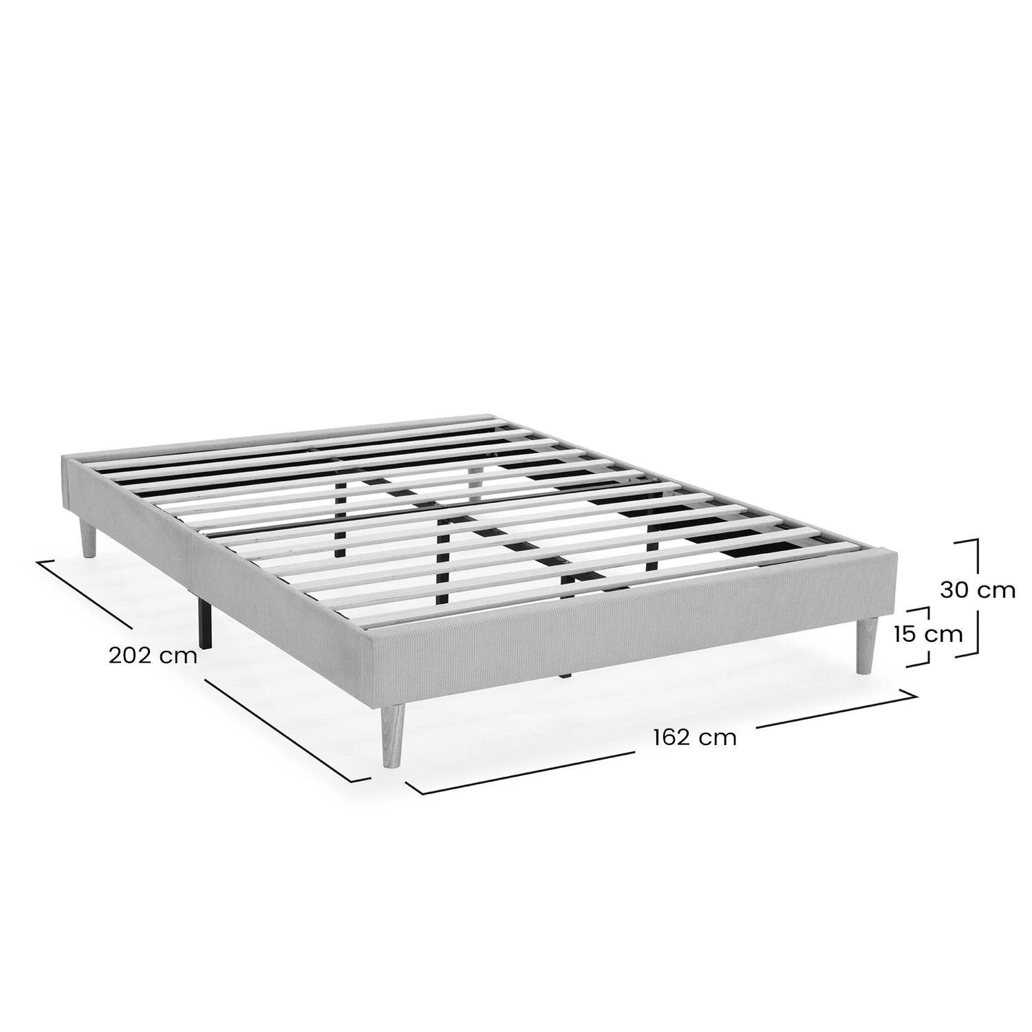 Estructura de cama gris con somier, dimensiones 202x162x30 cm.