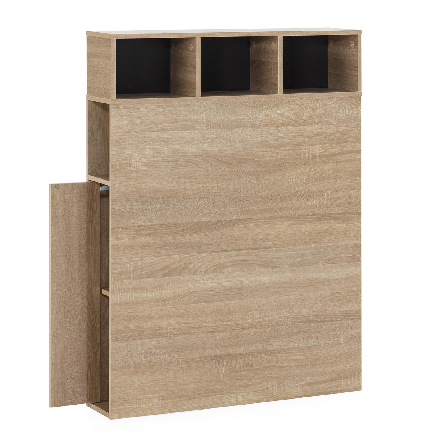 Una estantería de madera marrón claro con compartimentos abiertos y cerrados.