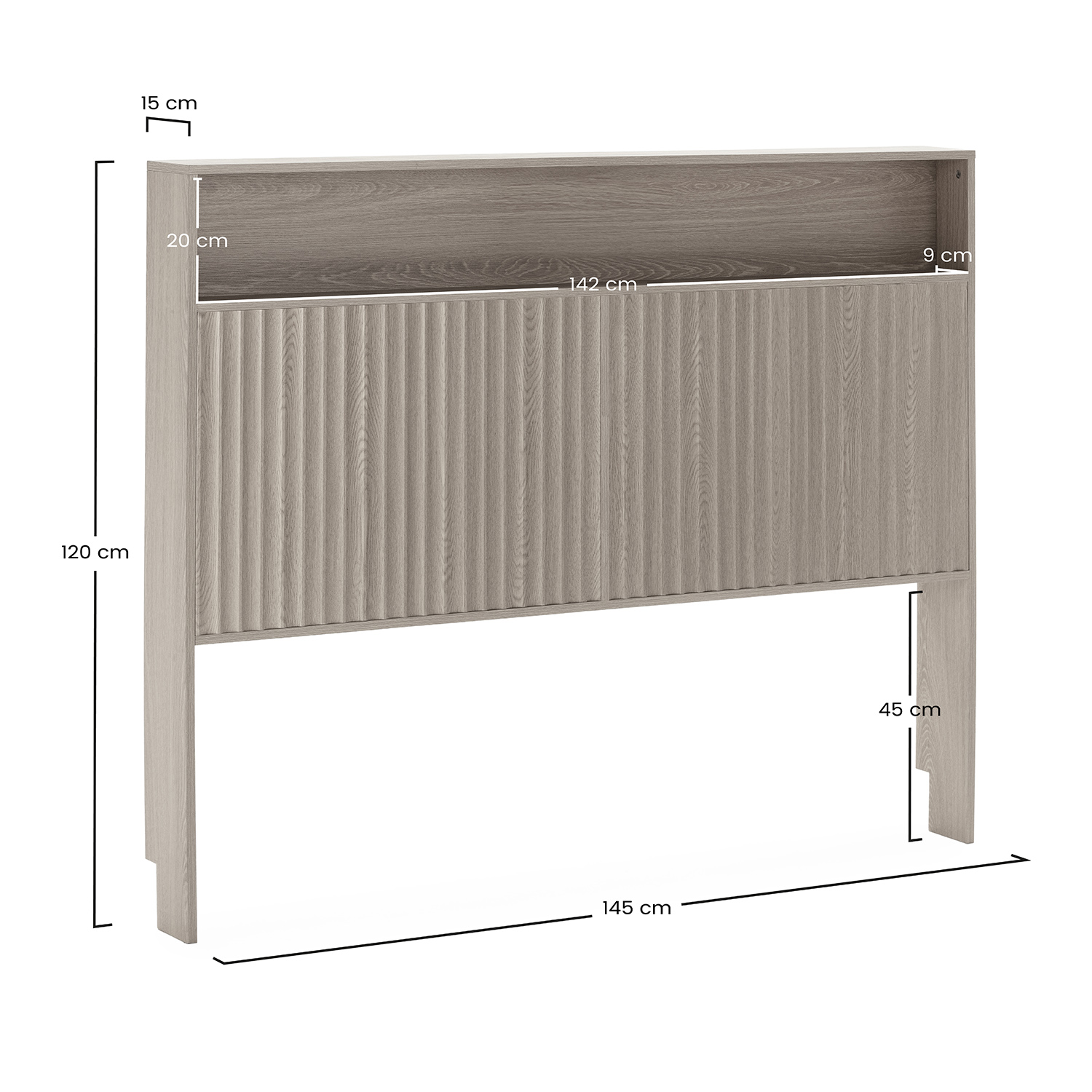 Cabecero de madera gris con ranuras verticales y dimensiones.