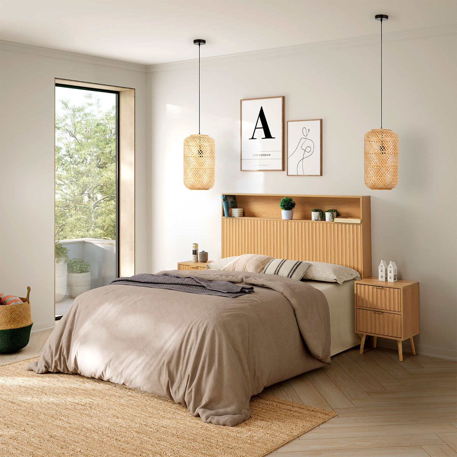 Un dormitorio con una cama grande, mesitas de noche y una ventana.