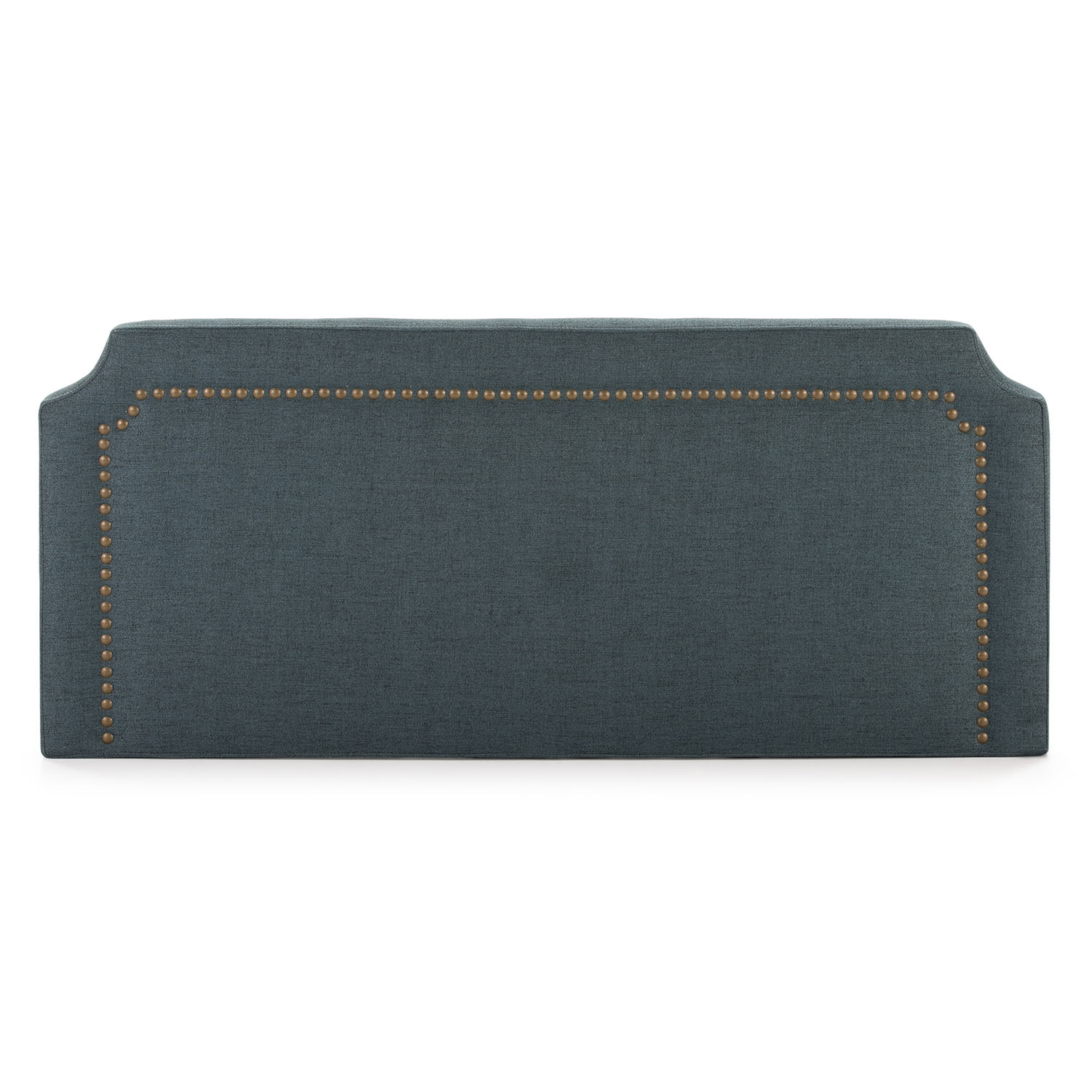 Un cabecero azul rectangular con ribete de tachuelas de latón.