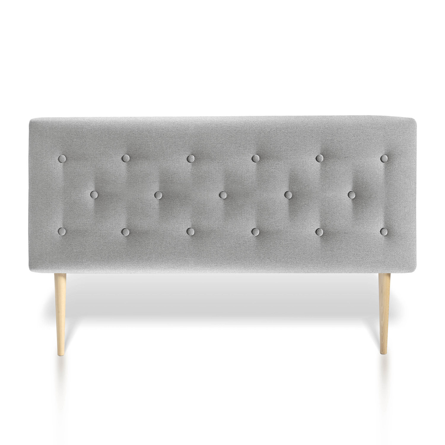 Respaldo tapizado gris con botones y patas de madera.