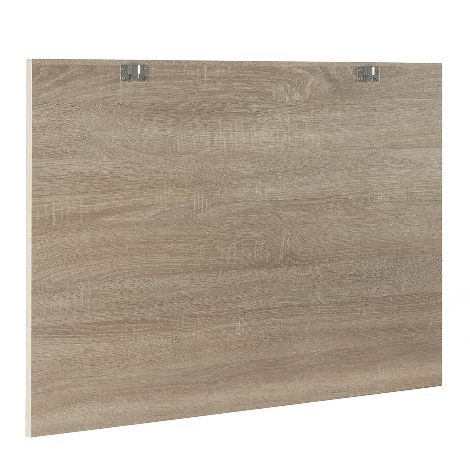 Panel de madera con dos soportes colgantes de metal arriba.
