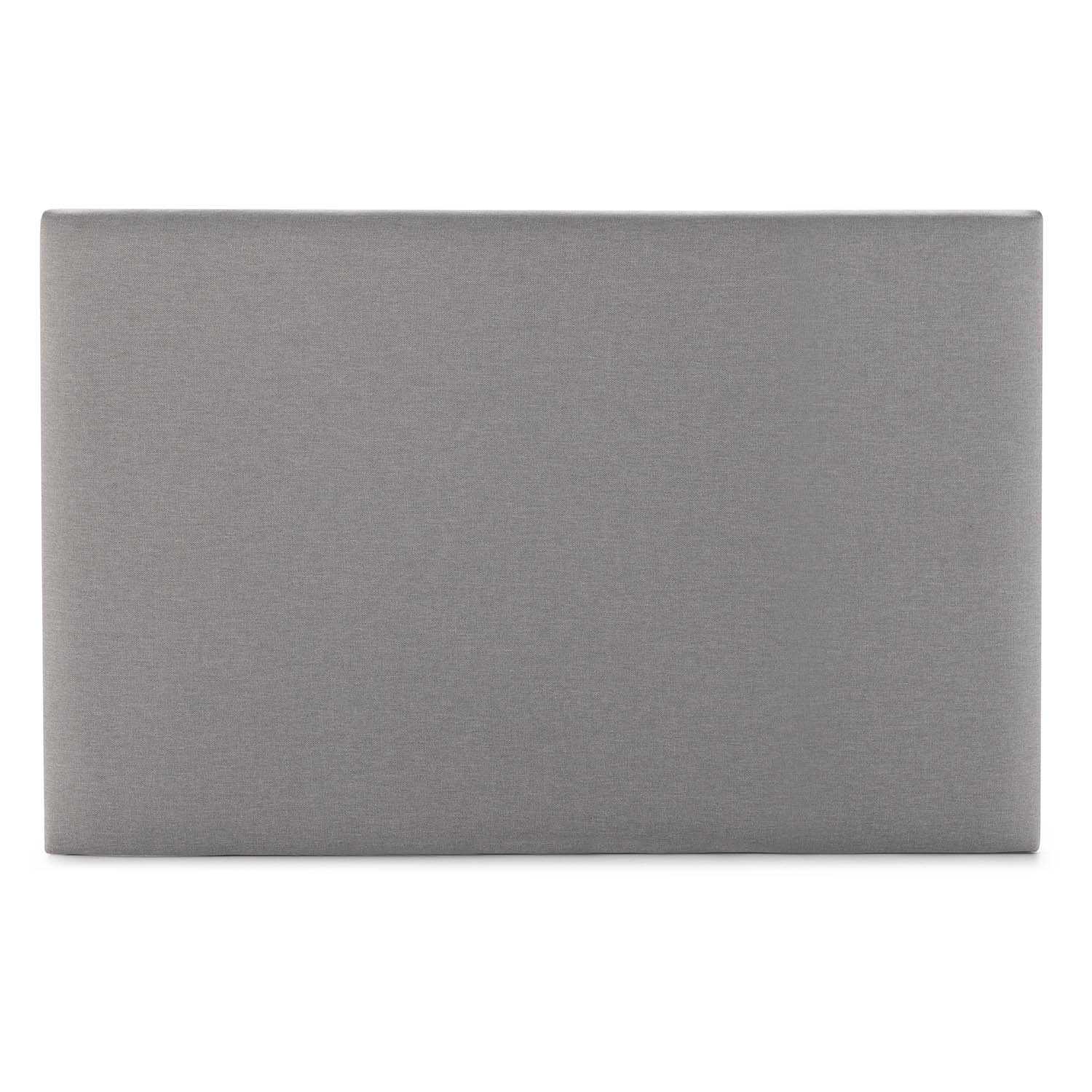 Un cabecero rectangular gris con tapizado de tela sobre fondo blanco.