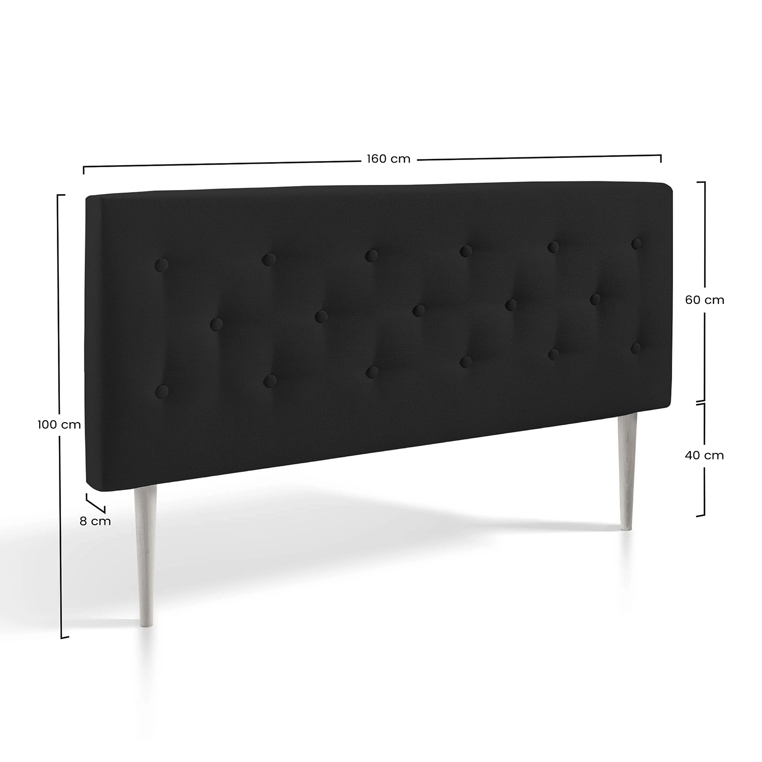 Cabecero negro tapizado con botones y patas de madera. Dimensiones: 160x100 cm.