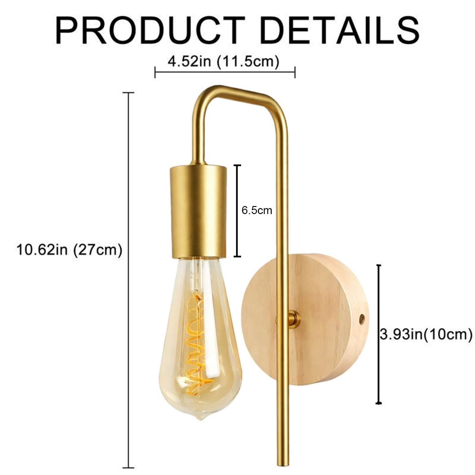 Una lámpara de pared con brazo dorado, base de madera y bombilla Edison. Se anotan dimensiones.