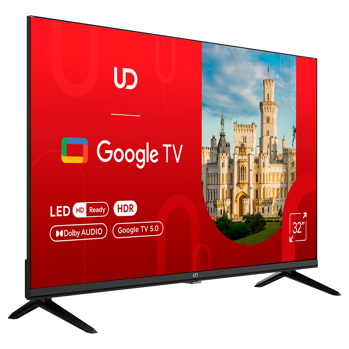 Un televisor negro de 32 pulgadas con Google TV, que muestra un castillo.