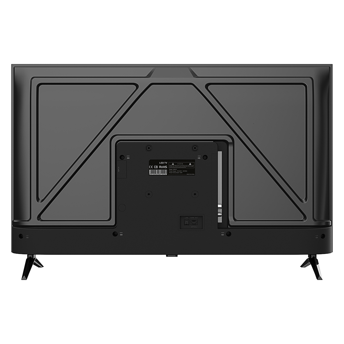 Vista trasera de un televisor LED negro con patas y puertos.