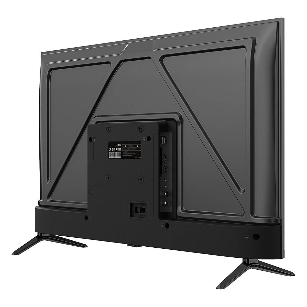 Parte trasera de un televisor LED negro que muestra puertos y soportes.