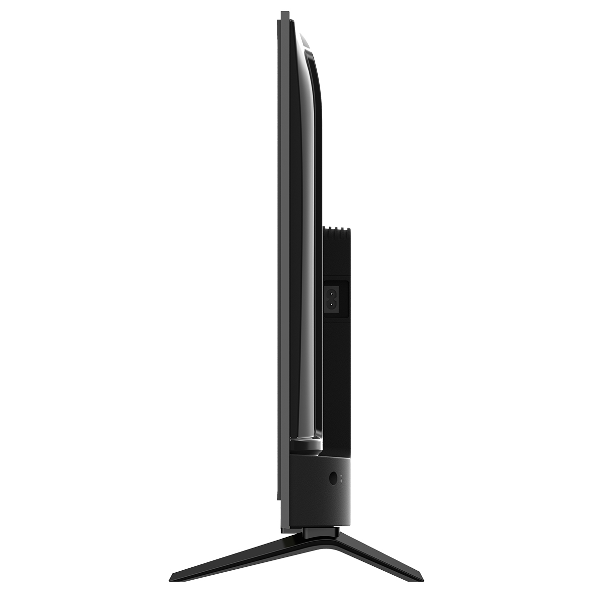Televisor negro de perfil sobre fondo blanco con soporte.