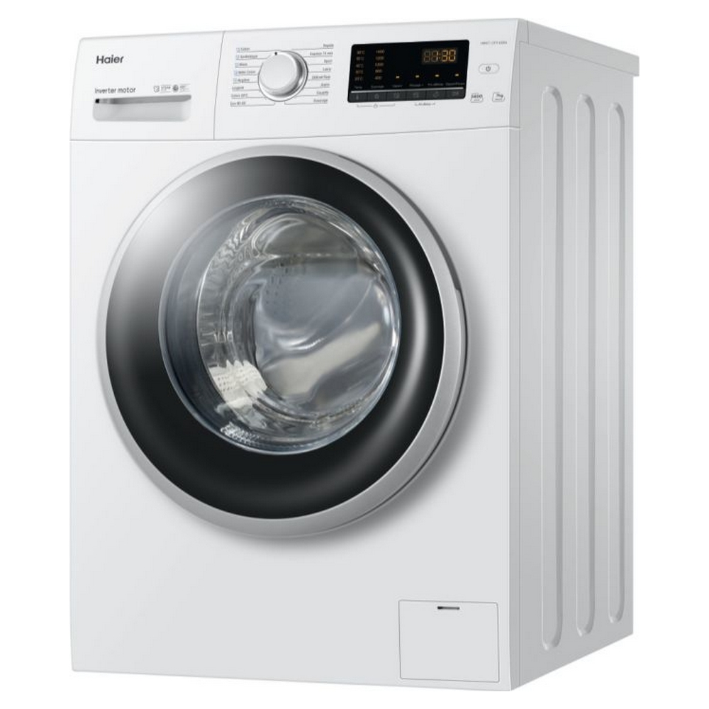 Una lavatrice bianca Haier con oblò rotondo grande e display digitale.