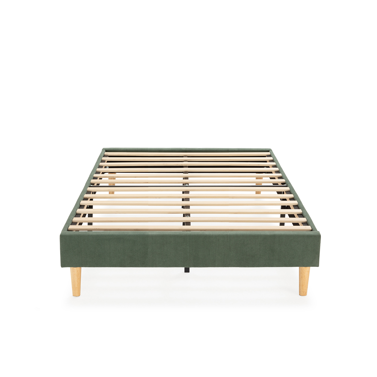 Base de cama verde con patas de madera, sobre fondo blanco.