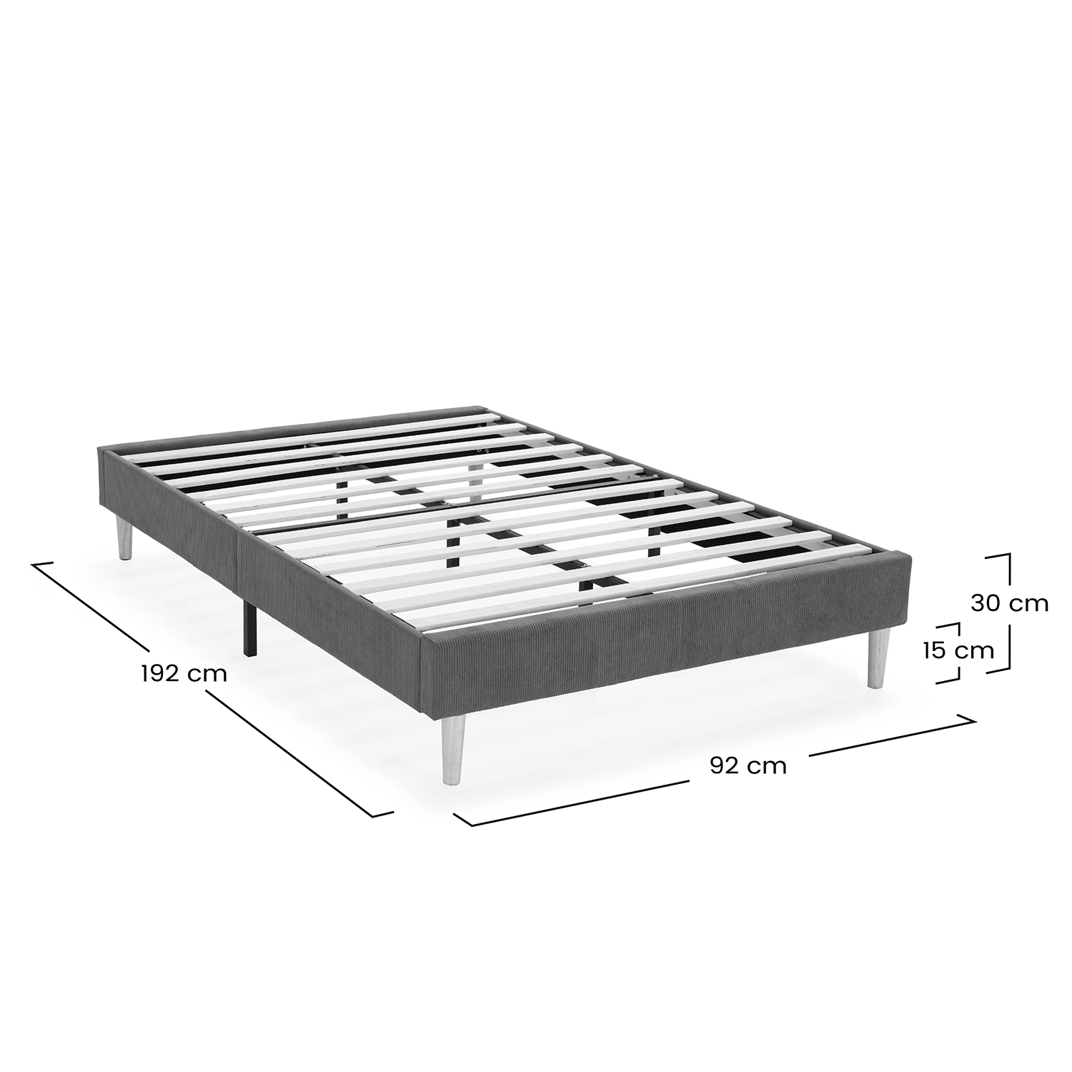 Estructura de cama gris con somier, mide 192x92x30 cm.
