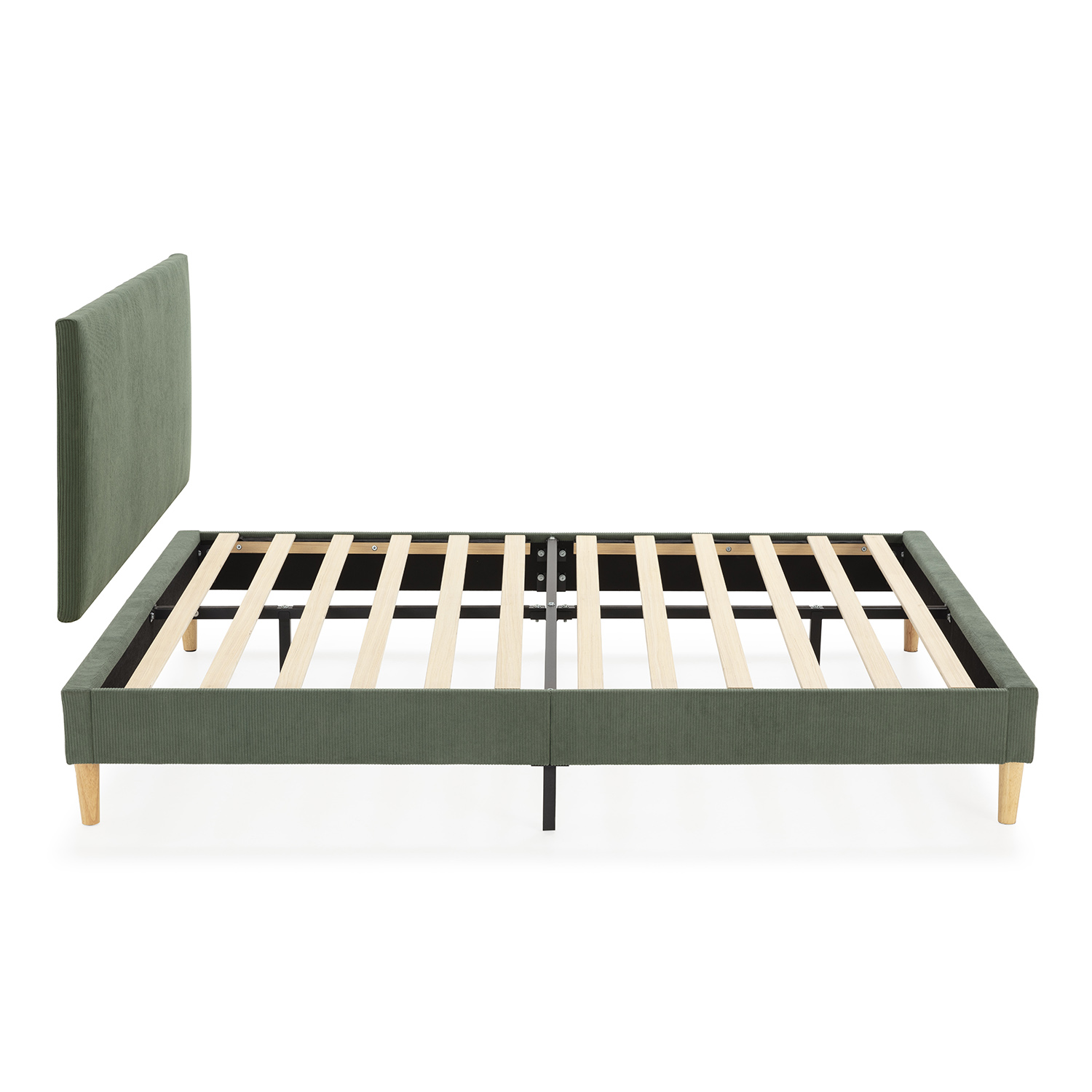 Un somier verde con listones y cabecero, sobre patas de madera.