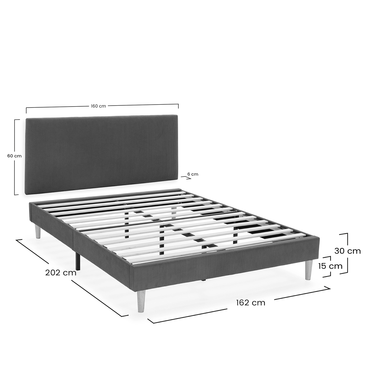 Estructura de cama tapizada gris oscuro con cabecero y base de listones. Dimensiones mostradas.