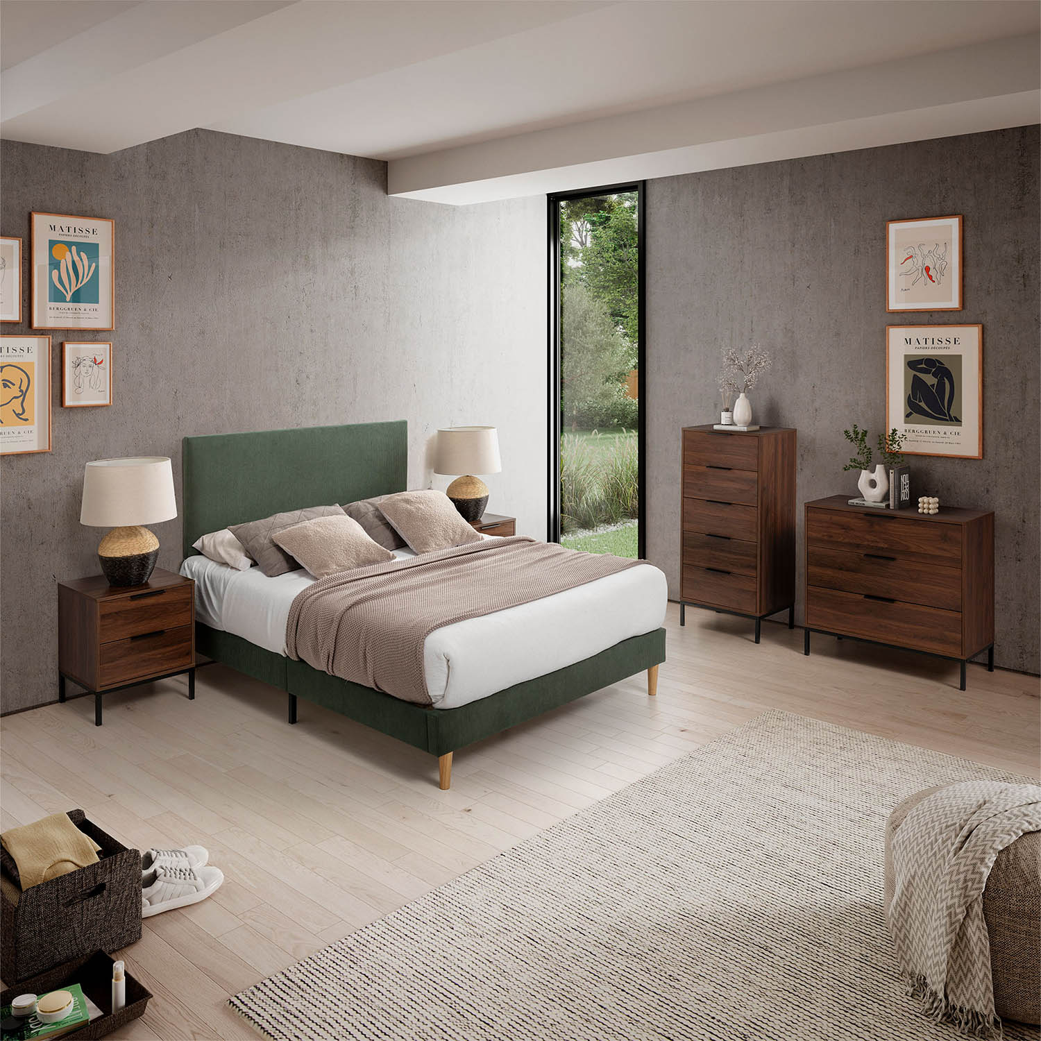 Un dormitorio con muebles de madera oscura, cama verde y arte en la pared.