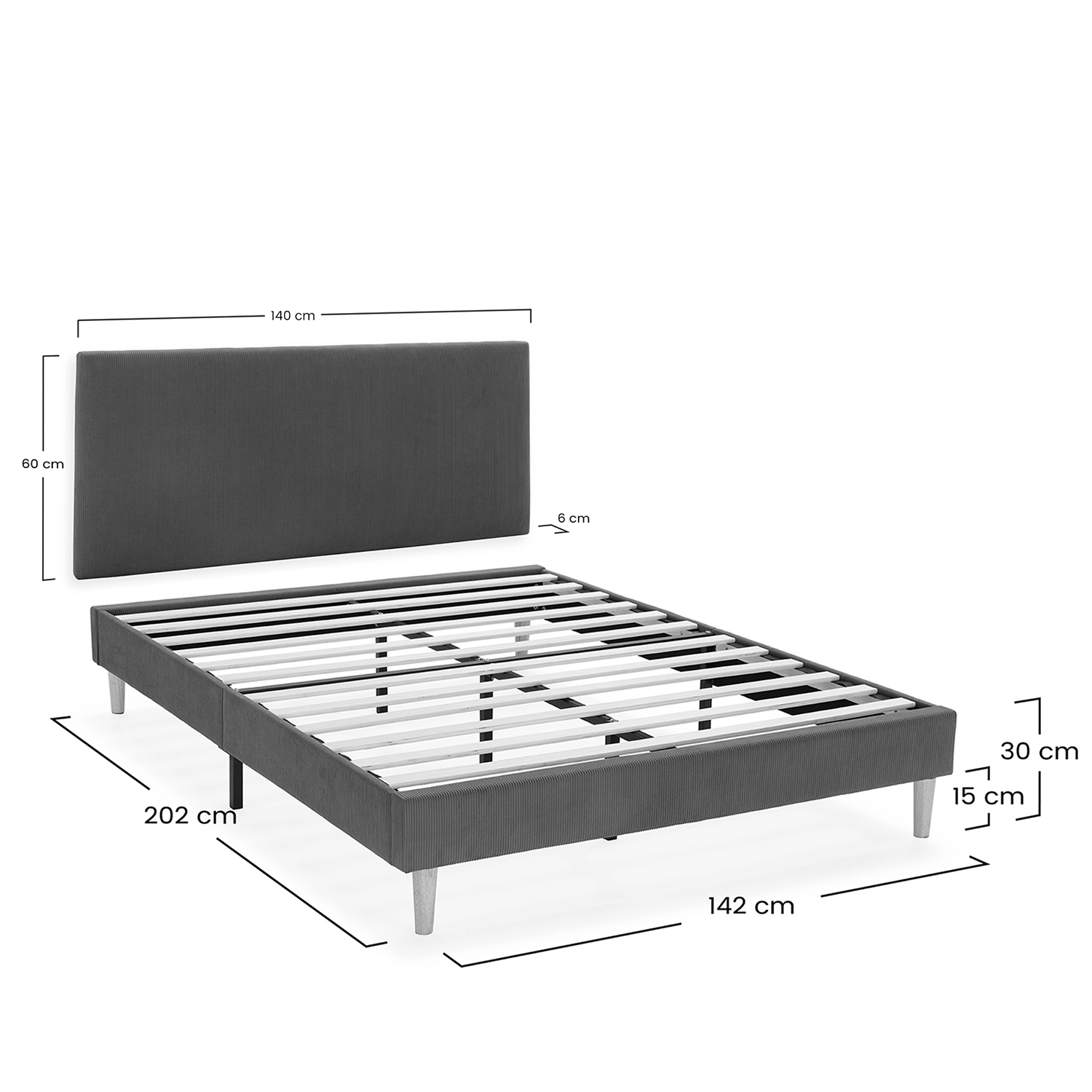 Estructura de cama gris con somier y cabecero, medidas indicadas.