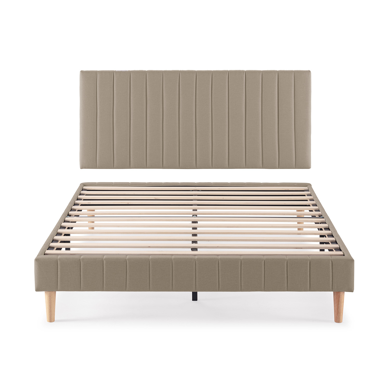 Una base de cama beige con somier de listones y cabecero acolchado.