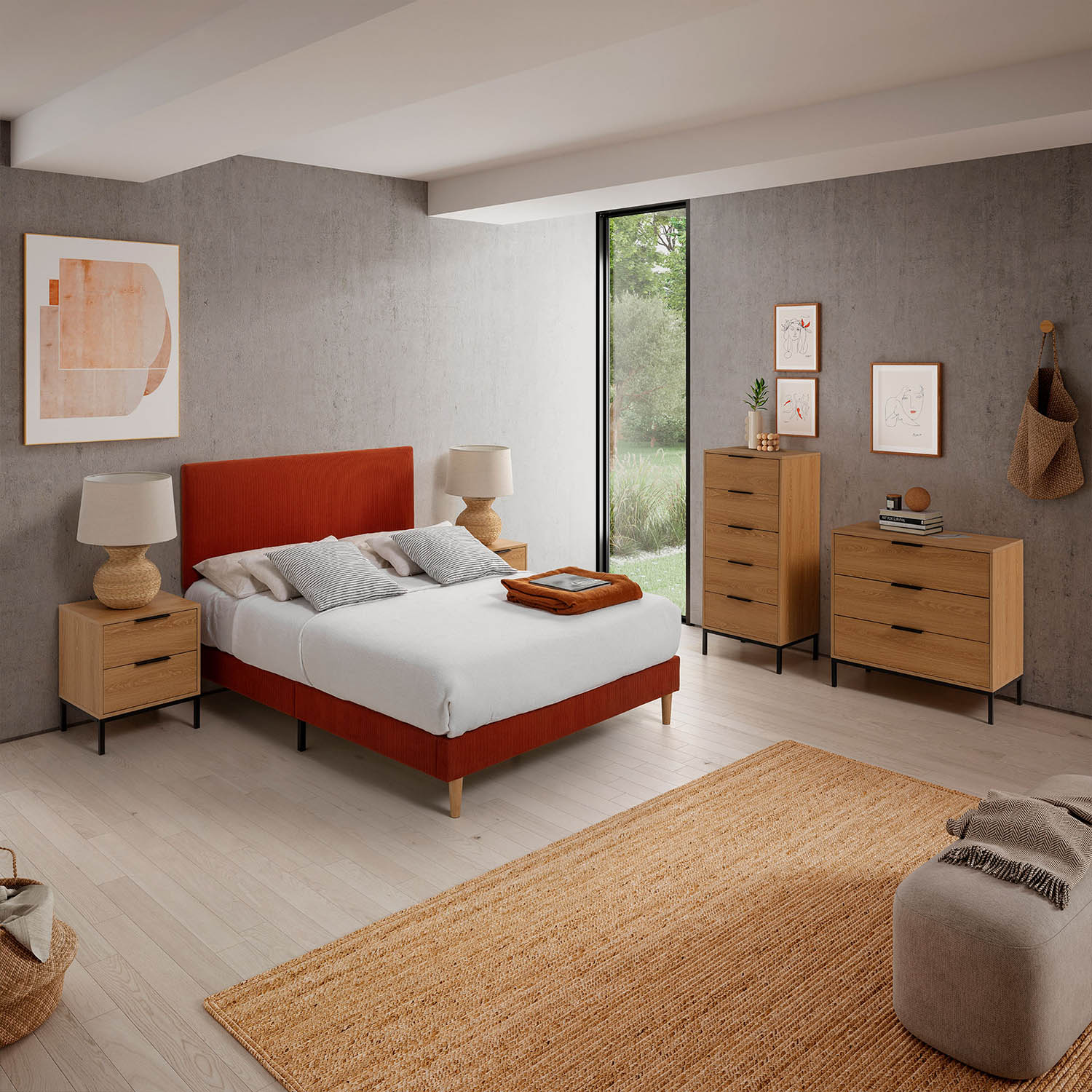 Dormitorio moderno con cama roja, muebles de madera, alfombra y arte en la pared.