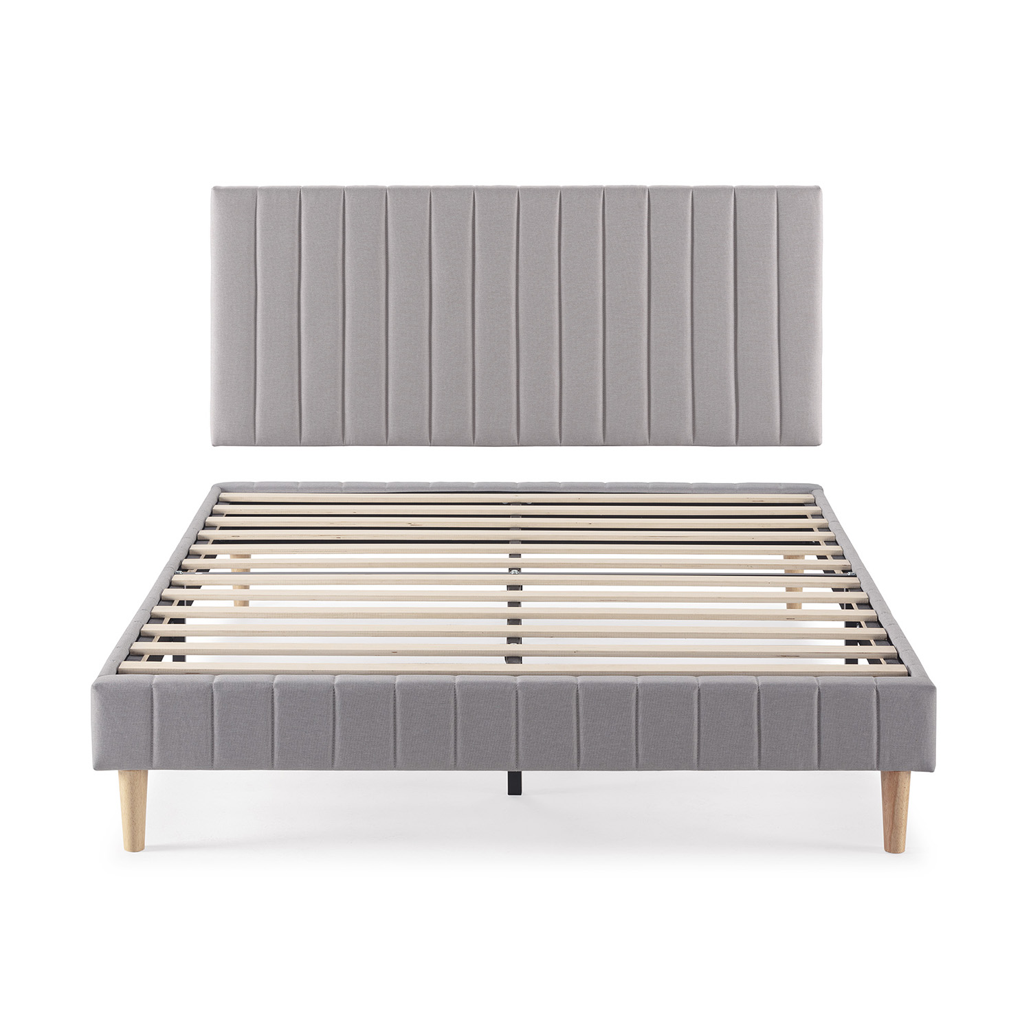 Estructura de cama gris con somier de lamas de madera y cabecero tapizado.