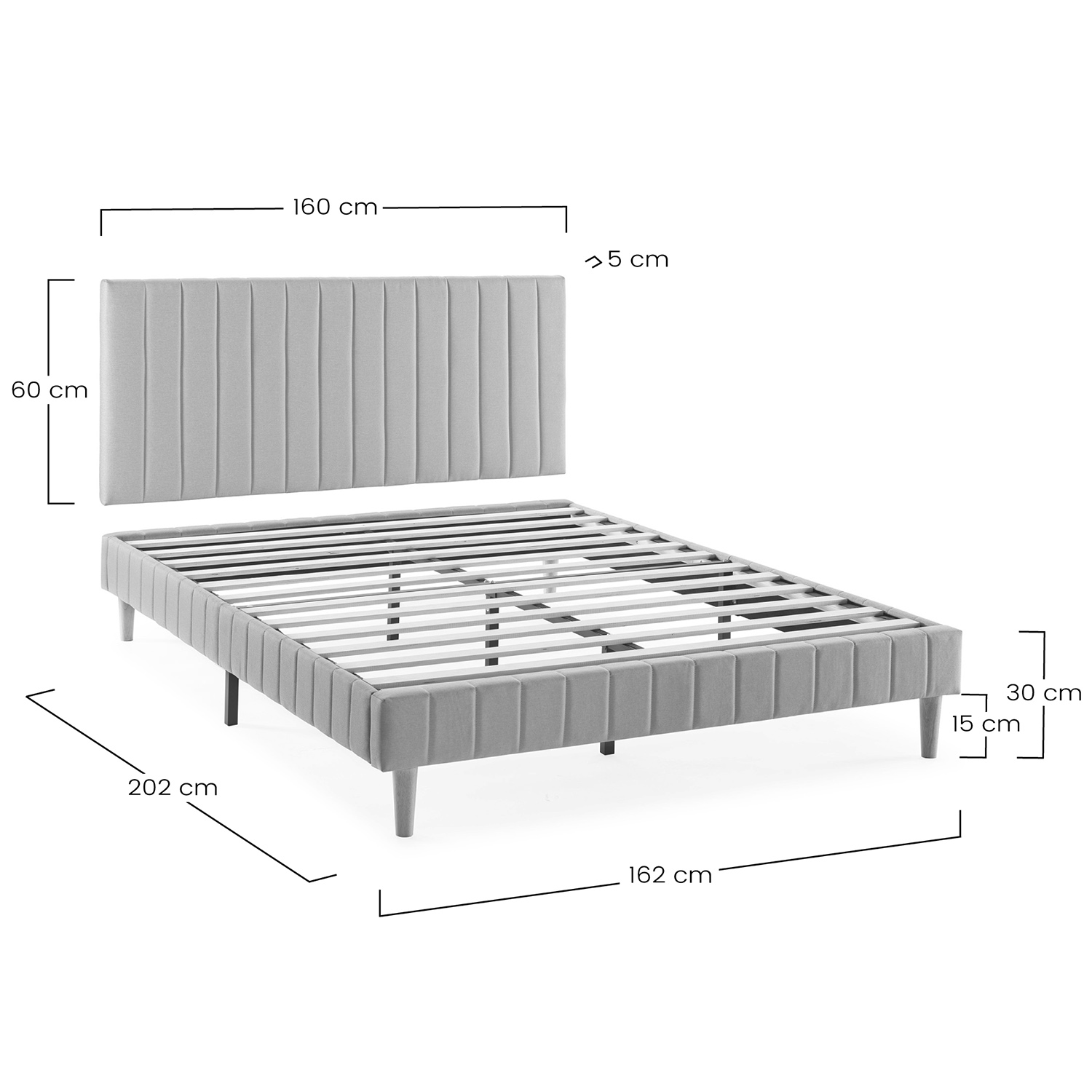Estructura de cama tapizada gris con cabecero acanalado y medidas.
