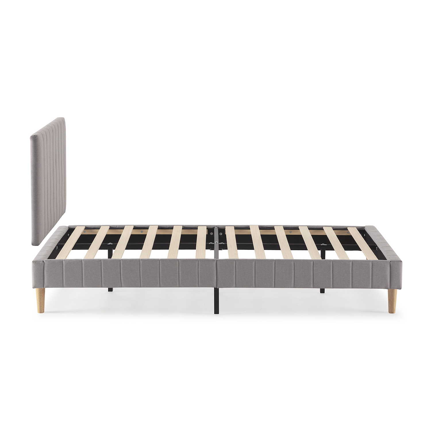 Estructura de cama gris con somier de listones de madera y cabecero separado.
