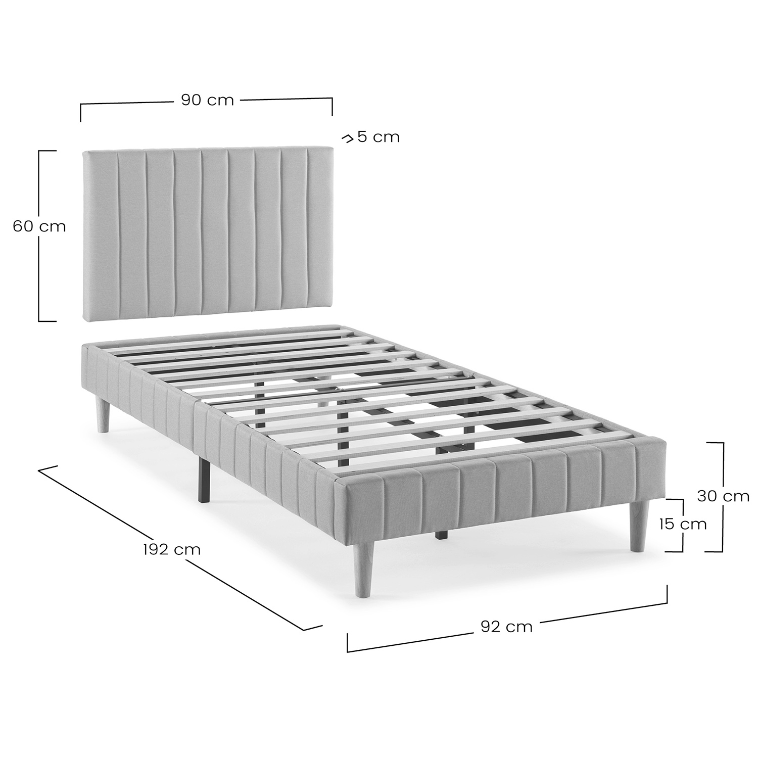 Estructura de cama gris con cabecero, dimensiones: 192x90x60cm.
