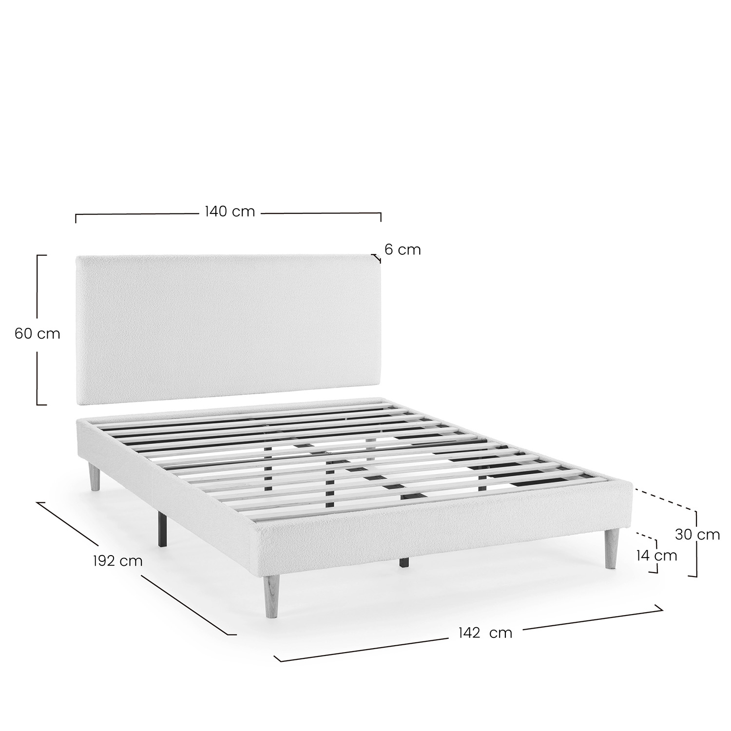 Estructura de cama tapizada blanca con cabecero. Dimensiones: 140cm ancho, 60cm alto cabecero.