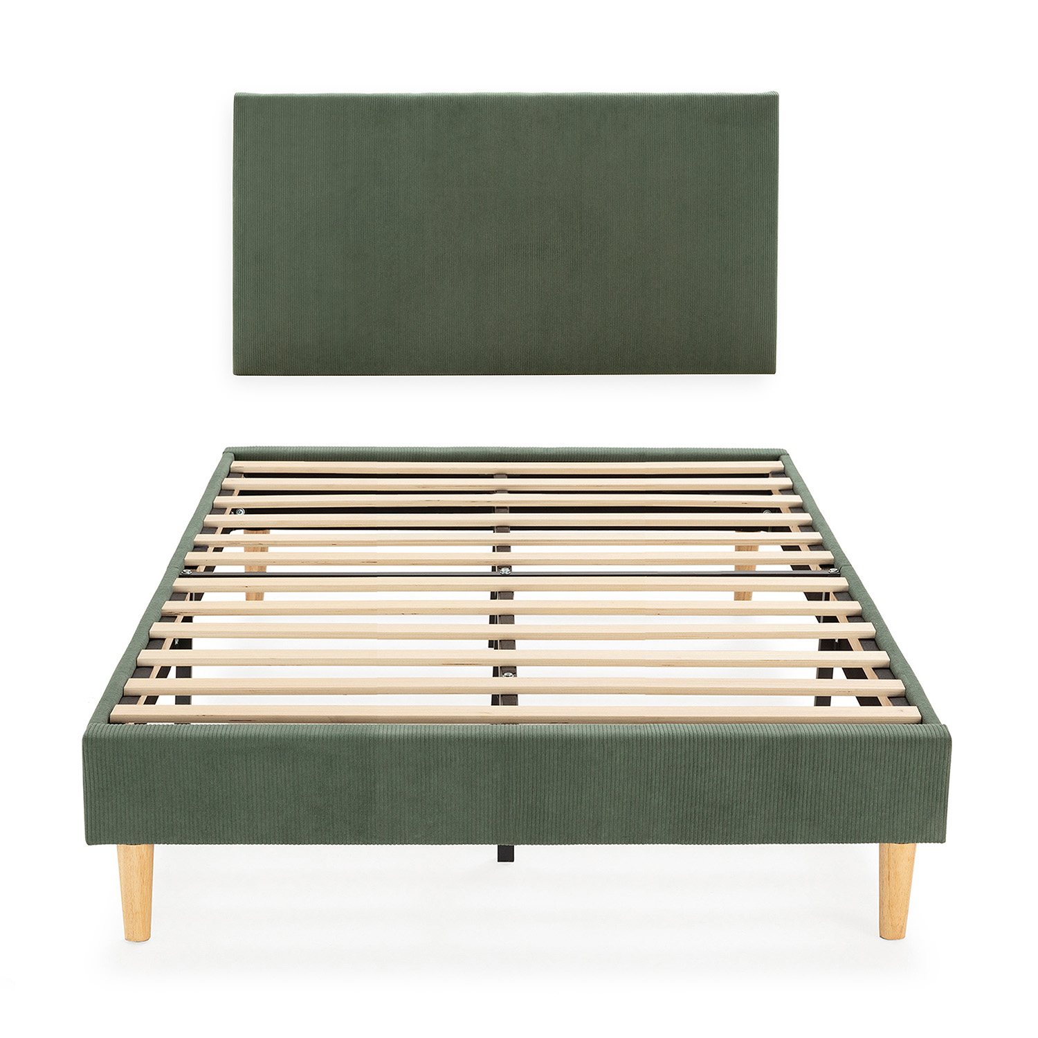 Estructura de cama verde con somier y cabecero, sobre patas blancas.