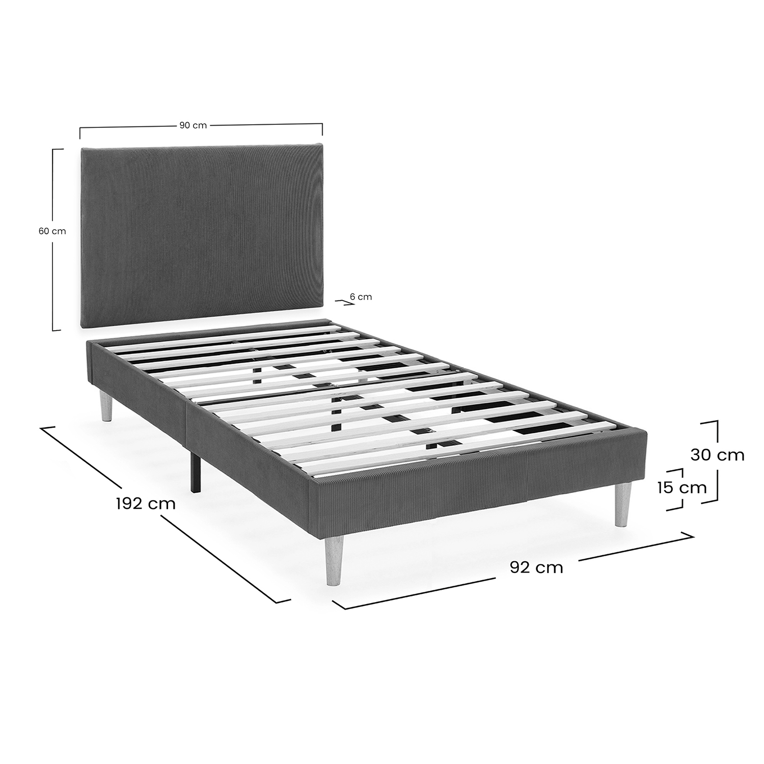 Estructura de cama gris con somier de listones y cabecero, se muestran dimensiones.