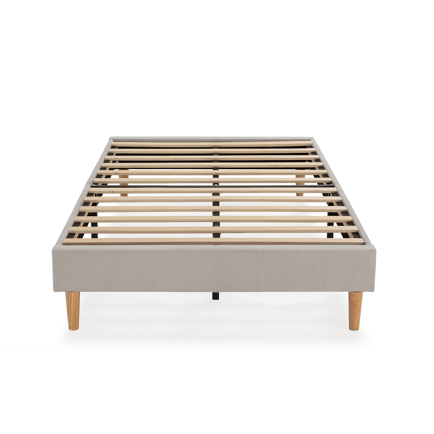 Estructura de cama gris con listones de madera y cuatro patas de madera.