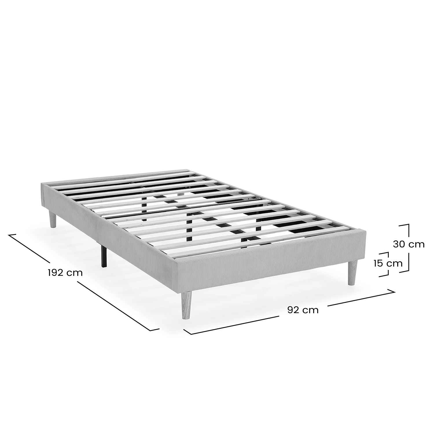 Estructura de cama gris con lamas, dimensiones 192x92x30 cm.
