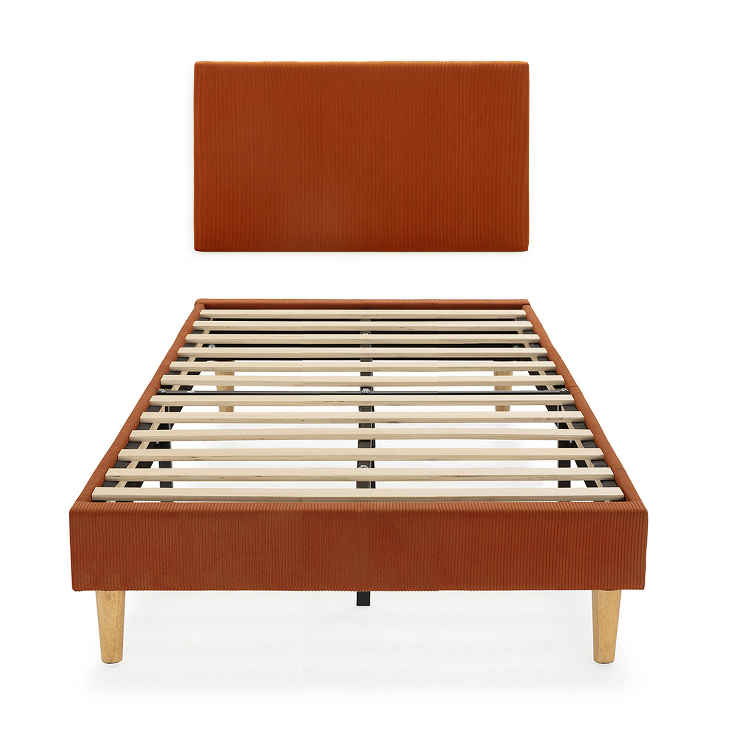 Estructura de cama naranja tapizada con somier y cabecero, sin colchón.