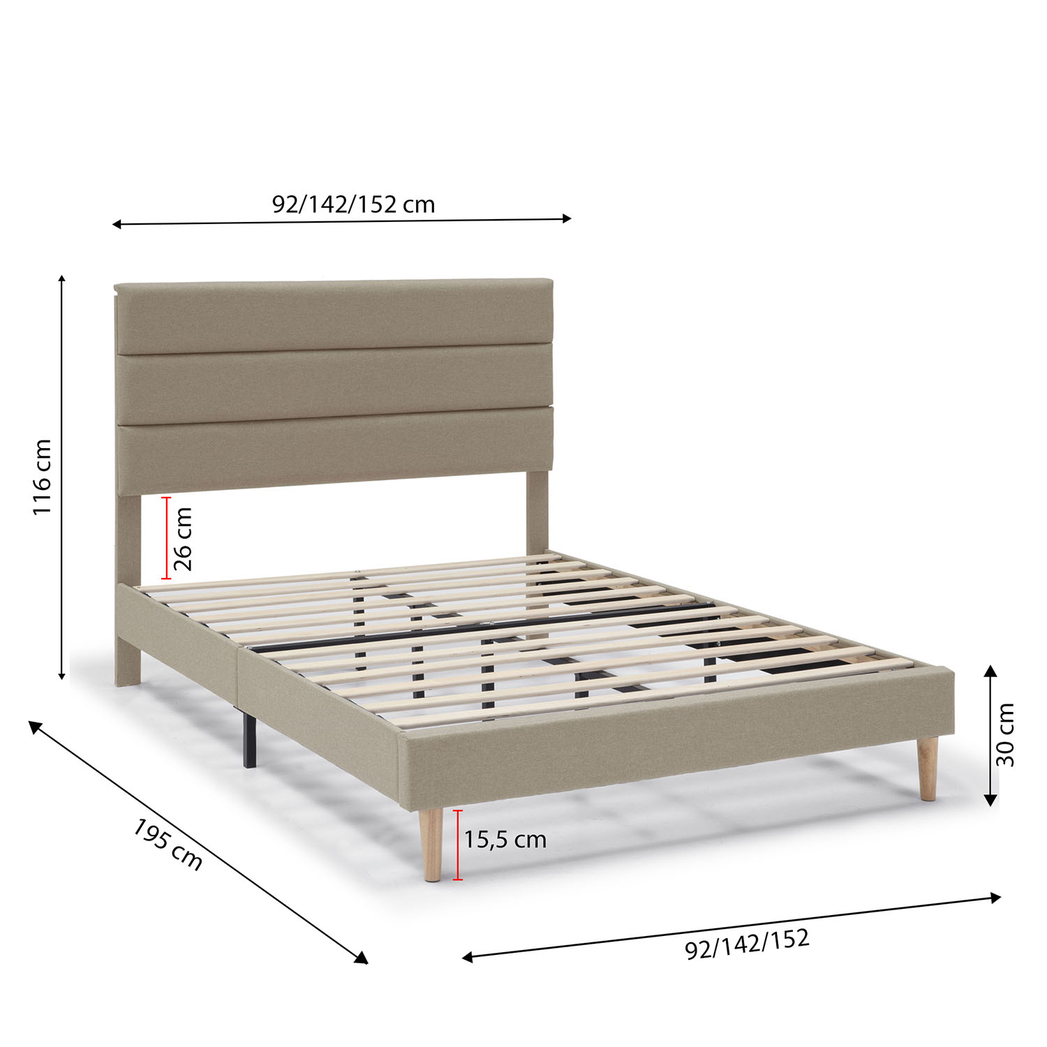 Un somier tapizado beige con base de listones y cabecero acolchado. Dimensiones mostradas.