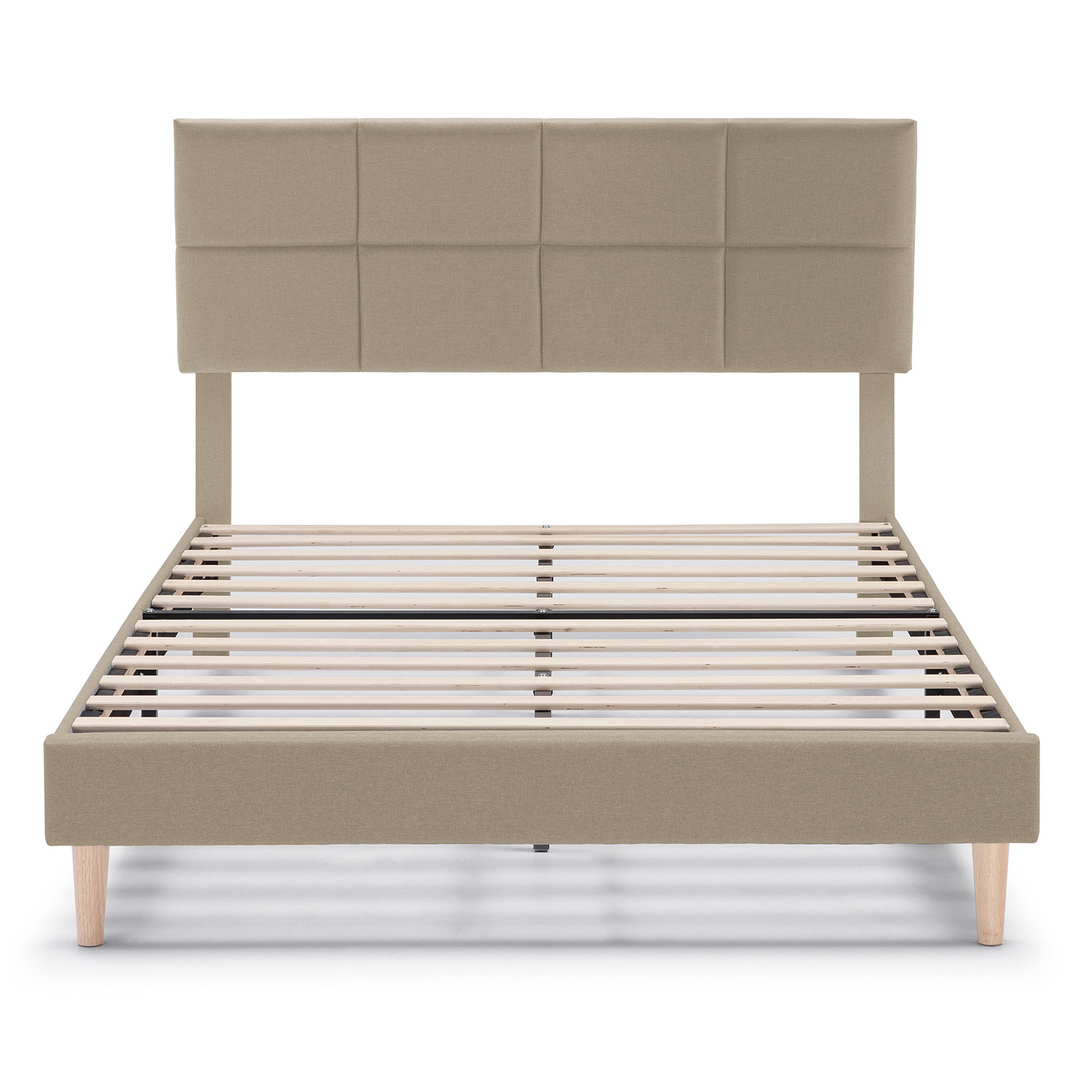 Una base de cama tapizada beige con cabecero acolchado y listones de madera.