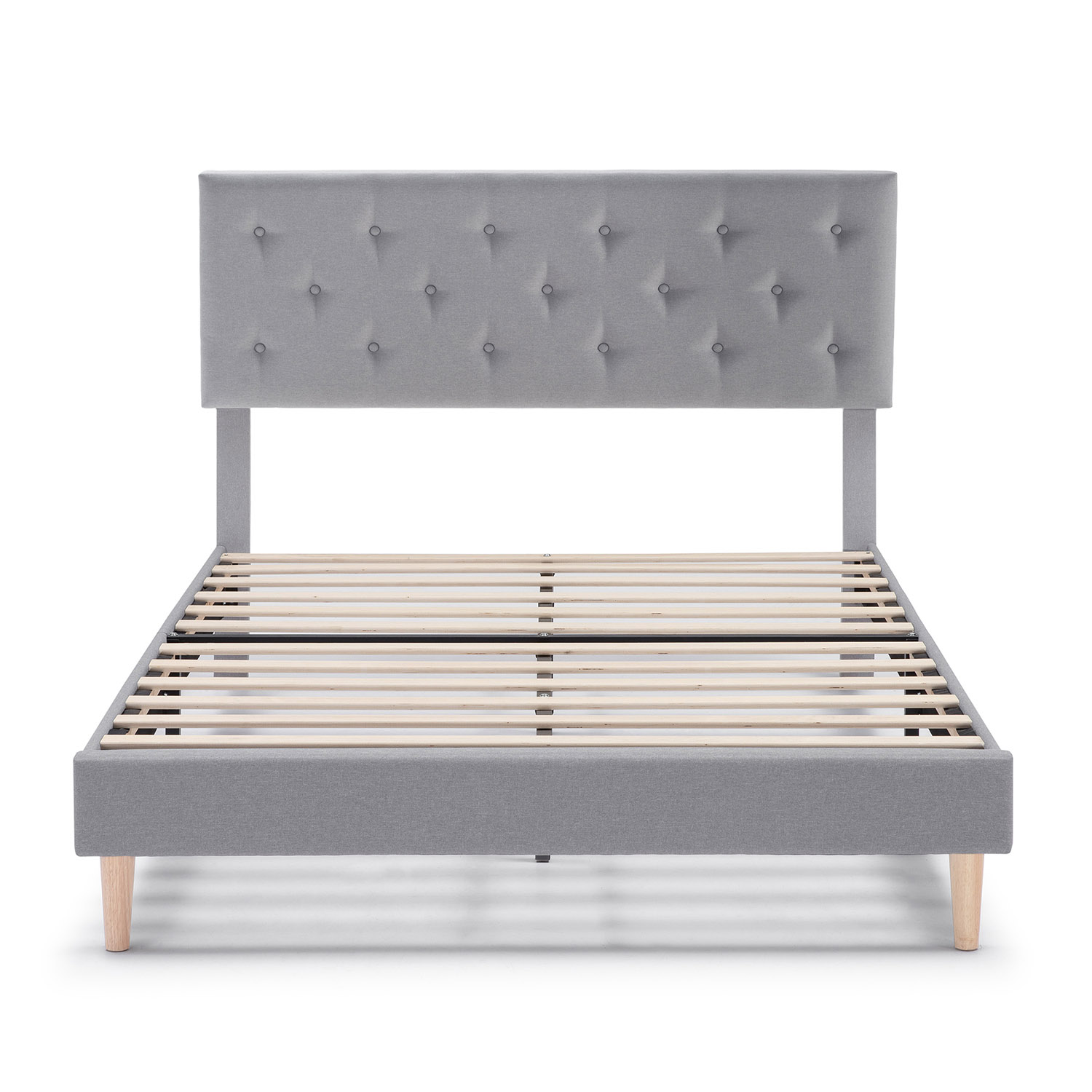 Estructura de cama tapizada gris con cabecero acolchado y somier de lamas.