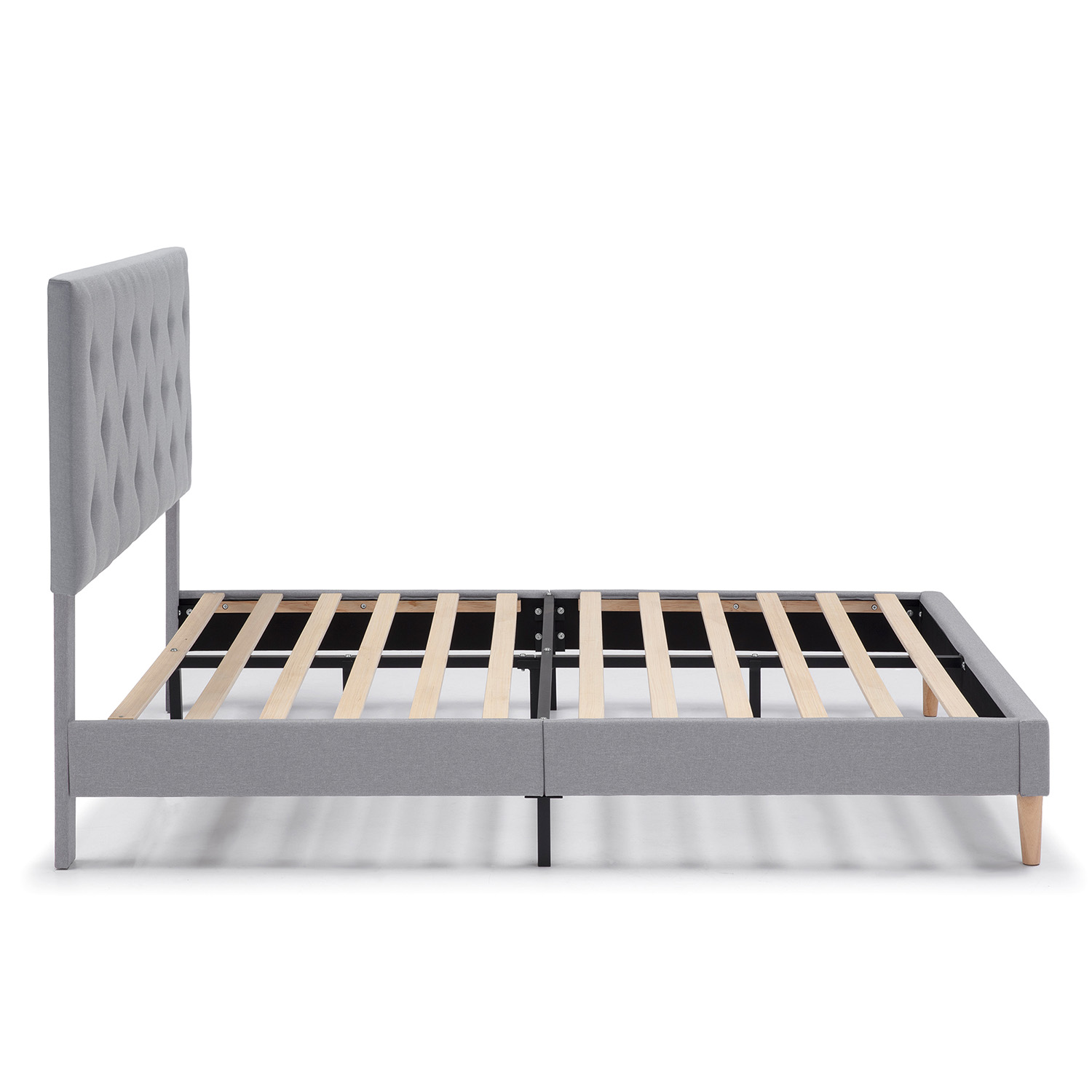 Estructura de cama de tela gris con cabecero y somier de madera.