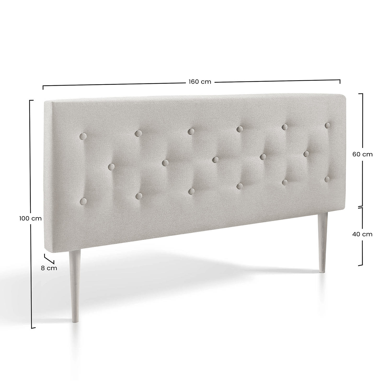Cabecero tapizado claro con botones y cuatro patas de madera. Dimensiones: 160x100x40 cm.