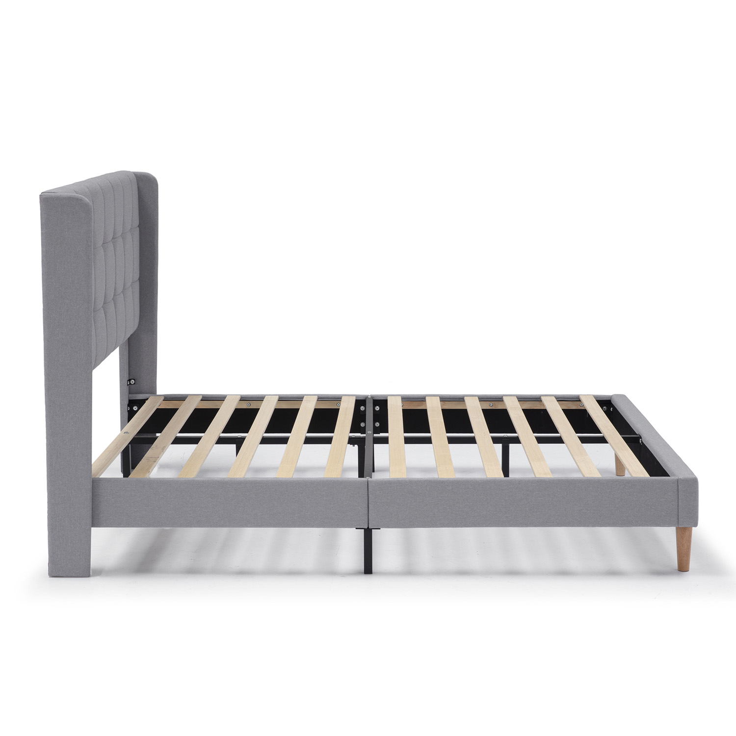 Armazón de cama de tela gris con cabecero acolchado y somier de lamas.