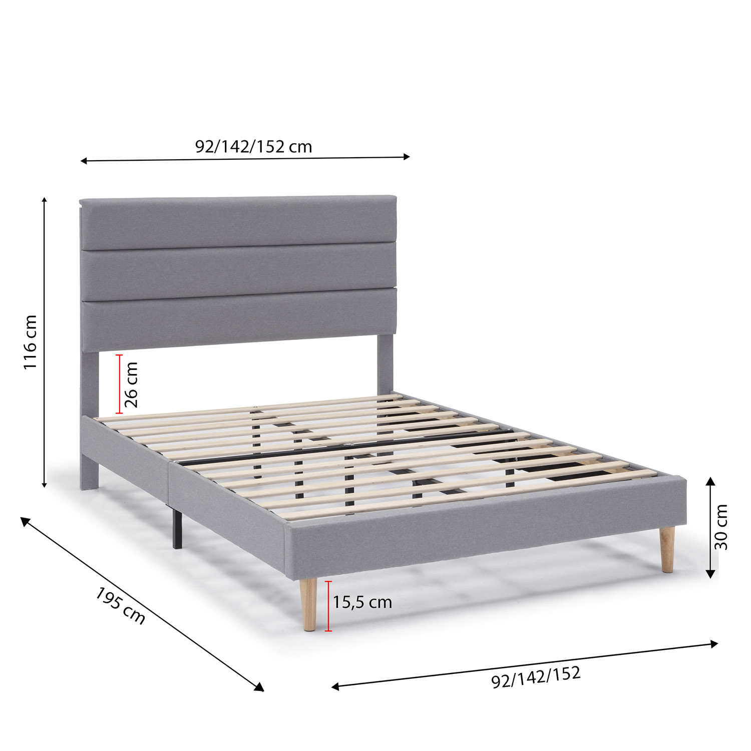 Un somier tapizado gris con listones de madera y dimensiones etiquetadas.