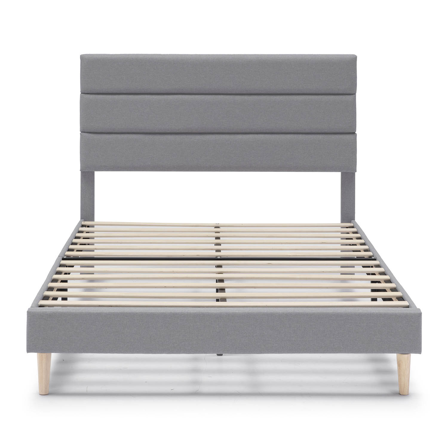Estructura de cama gris de tela sin colchón, con listones y patas.