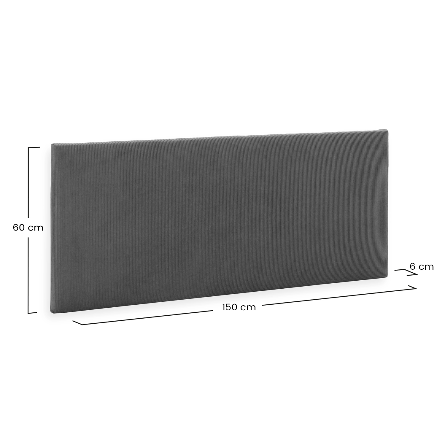 Cabecero gris con ranuras verticales, 150 cm de ancho y 60 cm de alto.