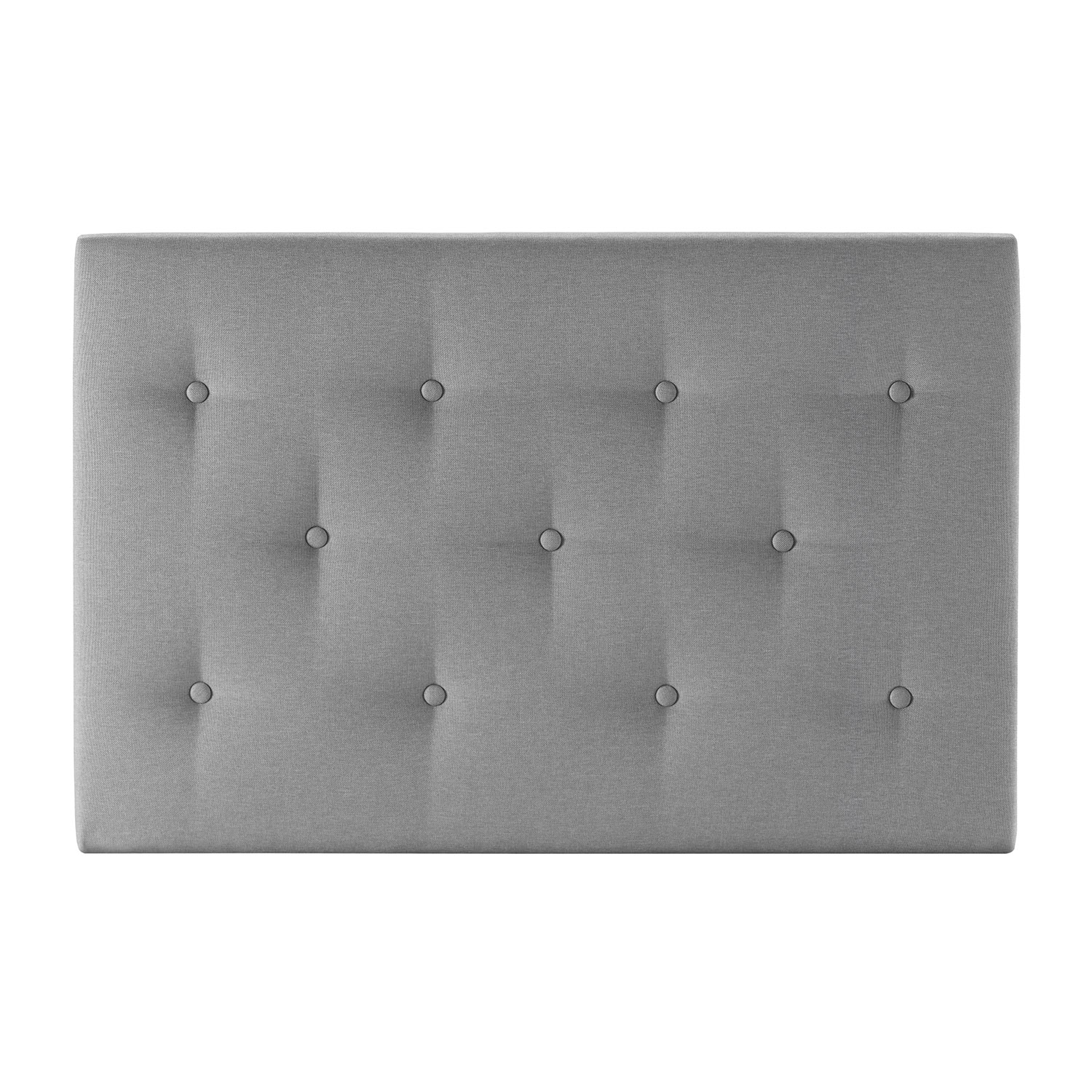 Un cabecero tapizado gris con botones, sobre fondo blanco.