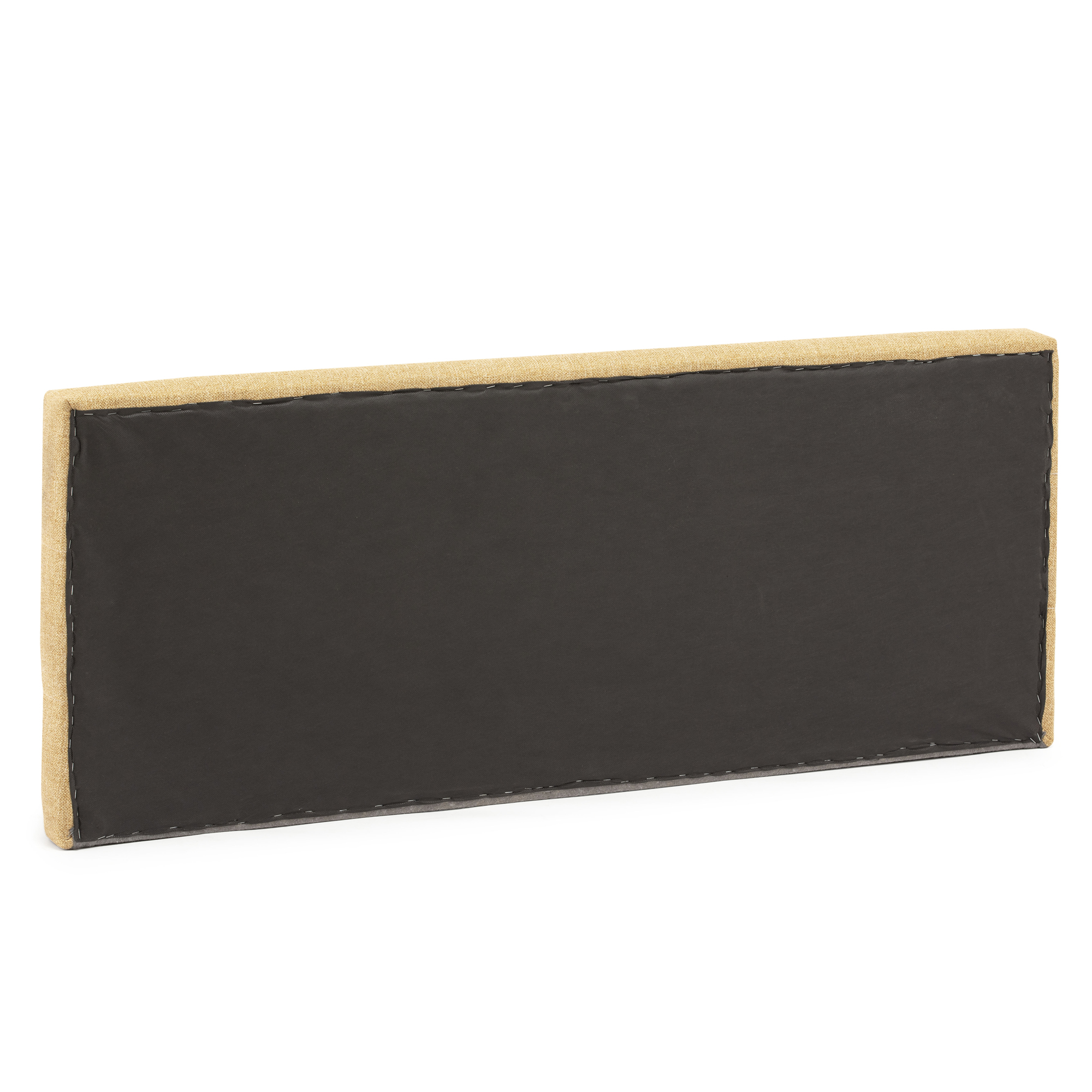 Un cabecero tapizado rectangular con tela beige y respaldo negro.