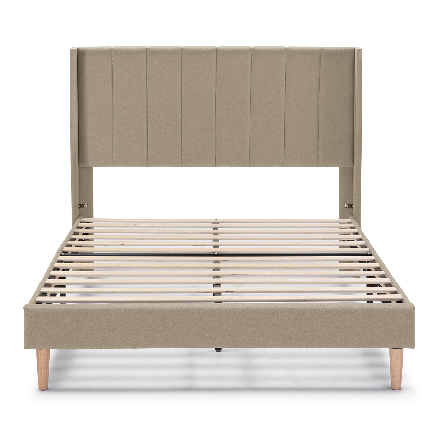 Un somier tapizado beige con canales verticales y base de listones de madera.