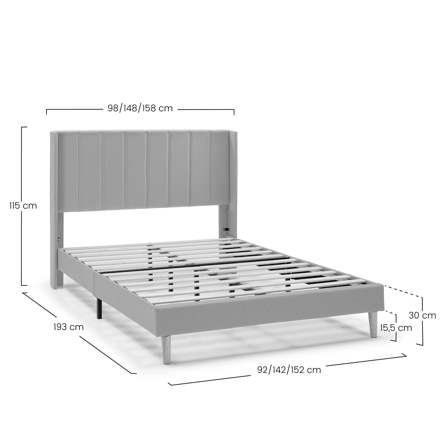 Estructura de cama gris con cabecero tapizado y somier, se muestran las dimensiones.