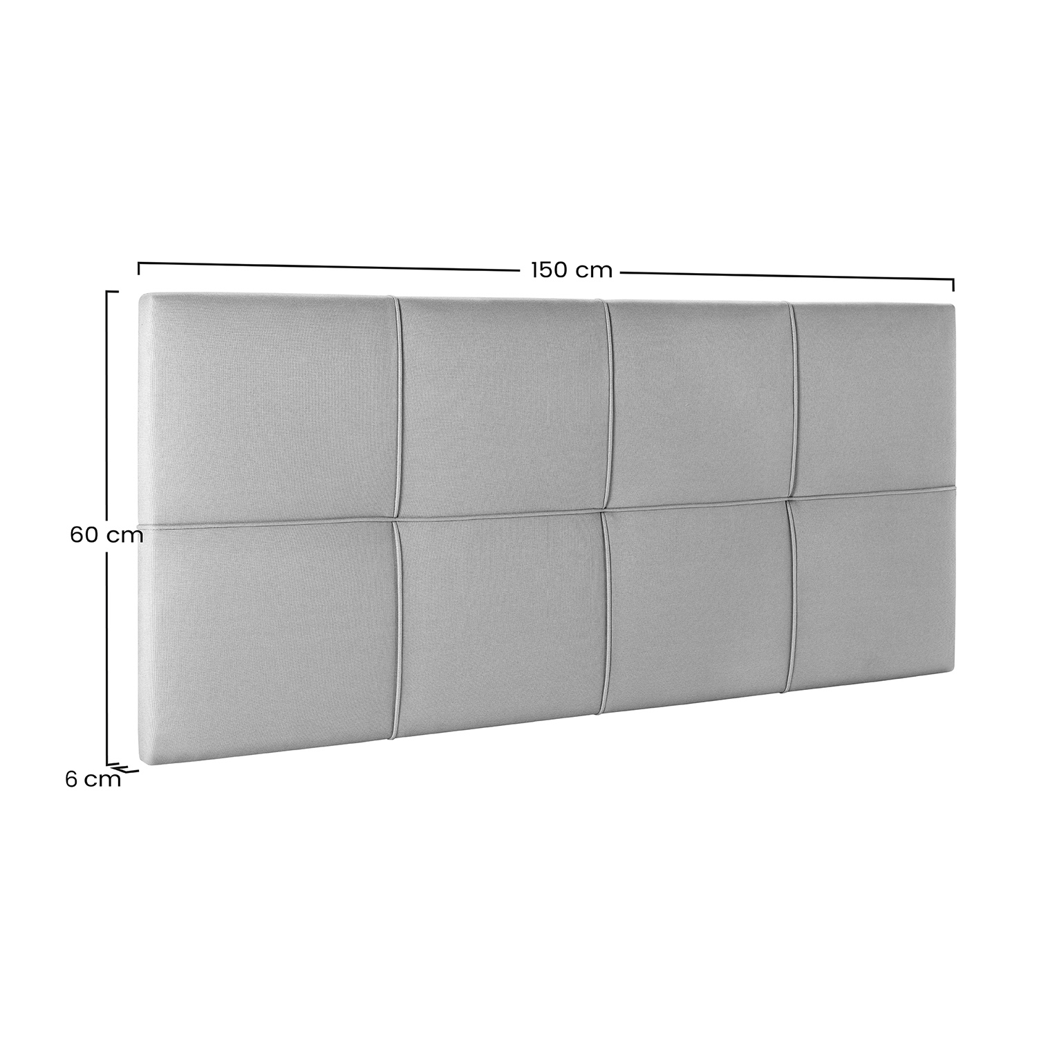Cabecero tapizado gris con costuras verticales, 150x60x6 cm.